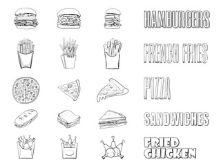 set of 15 vector images of fast food dishes drawn by a single hand.