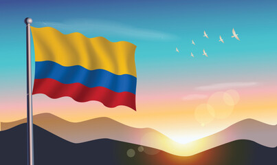 Colombia flag with mountains and morning sun in background