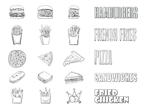 set of 15 vector images of fast food dishes drawn by a single hand.