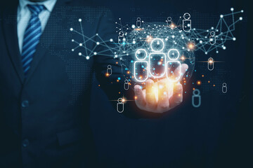 Customer Relationship Management concept. Businessman holding virtual screen icon of global structure customer network technology. Database exchanges development. customer service, social media.