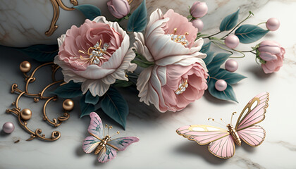 3d wallpaper pink jewelry flowers and butterflies on marble background Using Generative Ai.