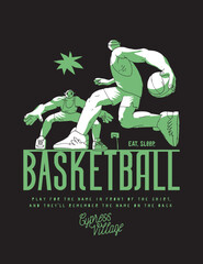Basketball game action on the street court. Basketball characters silkscreen typography t-shirt print vector illustration.