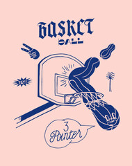 Basketball character flying through the hoop after bouncing off the backboard. Basketball typography silkscreen t-shirt print vector illustration.