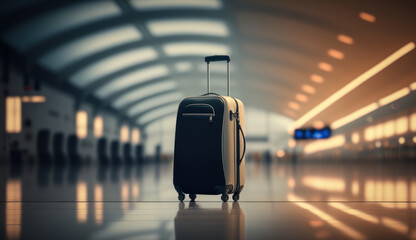 A luggage inside an airport, vacation, travel, bokeh, blur, generative AI