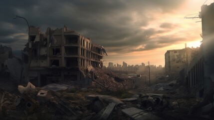 Destroyed city post- apocalypse concept. futuristic cityscape illustration. AI generated	
