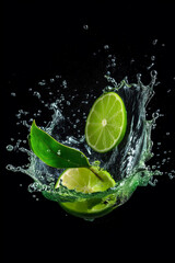 Fototapeta na wymiar Generative AI. Lime and mint, water splash on black background