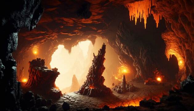 A Gem Underground Mine Cavern. stalactite Scenery in concept, Cave of Molten Lava. a deep cave. Generative Ai.