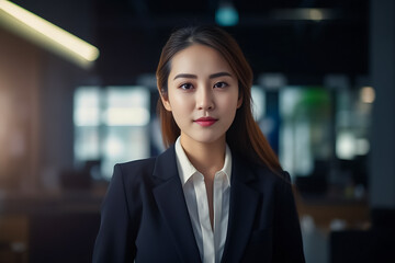 Smart working woman with a business suit is standing and posting in front of a blur office environment background created with generative AI technology