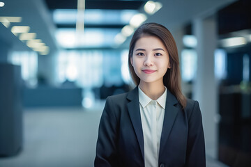 Fototapeta premium Smart working woman with a business suit is standing and posting in front of a blur office environment background created with generative AI technology