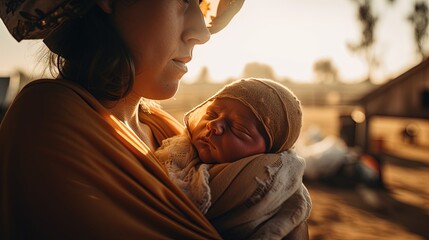 "A Mother's Love: Capturing the Serenity of a Newborn Baby Boy Resting in his Mother's Arms".Generative AI