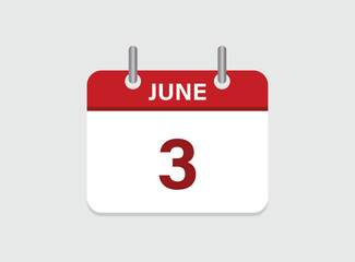 3th June calendar icon. June 3 calendar Date month icon vector illustrator.