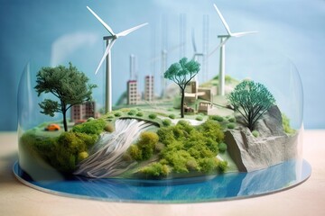 tiny diorama with Wind, solar, and hydroelectric power that are crucial for fighting global warming and pollution, and eco-friendly engineering technology is transforming the environment.