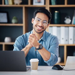 Asian man, portrait smile and financial advisor in small business or networking at office desk. Portrait of creative male analyst in finance, management or economics smiling for startup at workplace