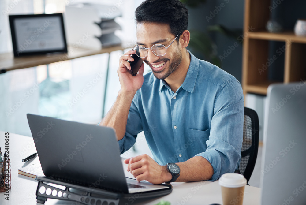 Aufkleber phone call, laptop and happy businessman planning company growth strategy on mobile conversation as 