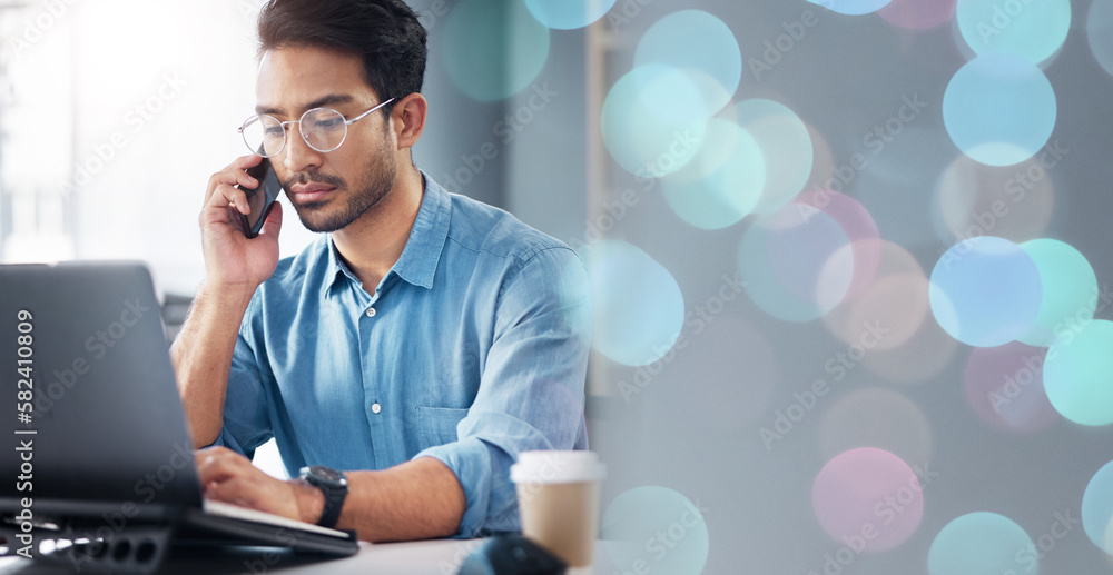 Poster office bokeh, phone and man on laptop in business communication, networking and online feedback or n