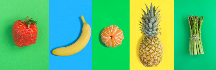 Collage of vegetable, berry and fruit on the colored background. Close-up.