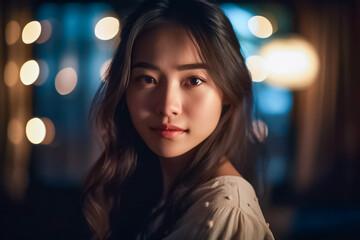 Fototapeta premium Beautiful Asian Girl, Face Shot in Low light environment with Bokeh Light Background. generative AI