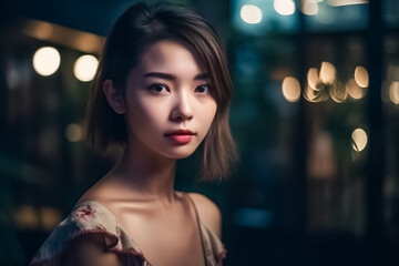 Fototapeta premium Beautiful Asian Girl, Face Shot in Low light environment with Bokeh Light Background. generative AI
