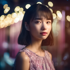 Fototapeta premium Beautiful Asian Girl, Face Shot in Low light environment with Bokeh Light Background. generative AI