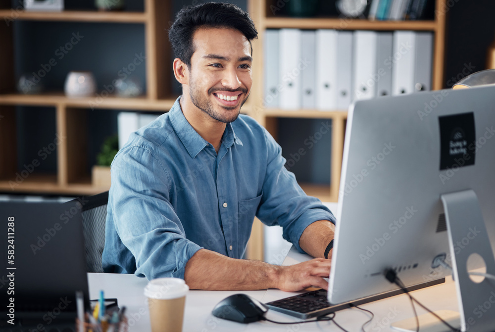 Poster computer, typing and business man in office working online for information technology, internet or g