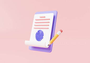 Fingerprint with document icon. Biometric authorization and business security, consent form, contract form, thumbprint, Checklist icon, check document, signing, 3d render illustration