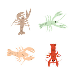 Crayfish Character sea animal on deep background. Wild life illustration. Underwear world. Vector illustration.