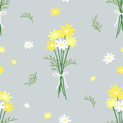 A bouquet of daisies with a ribbon on a gray background. Seamless vector pattern.