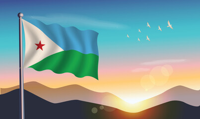 Djibout flag with mountains and morning sun in background