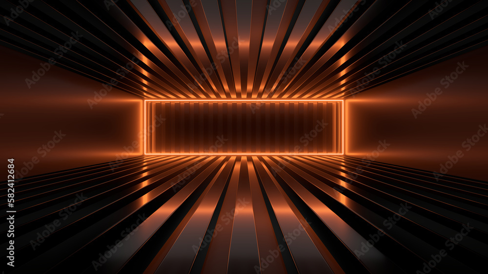 Poster sci fy neon glowing lines in a dark tunnel. reflections on the floor and ceiling. 3d rendering image
