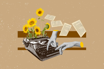 Photo collage artwork minimal picture of arms typing vintage machine sunflowers growing isolated drawing background