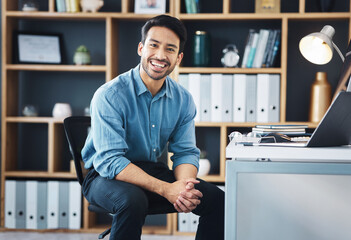 Relax, founder and portrait of entrepreneur smile and sitting in startup company office excited for the future. Young, happy and professional business man or worker feeling confident and proud - obrazy, fototapety, plakaty