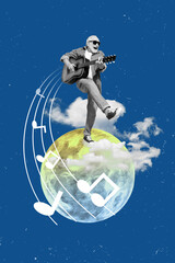 Creative 3d photo artwork graphics collage painting of carefree guy walking planet playing guitar...