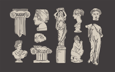 Hand drawn vector abstract outline,graphic,line greek ancient sculpture statue line art modern drawing set.Antique classic statues in trendy bohemian style,outline design concept.Antique statue logo.