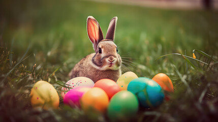 A realistic photograph of a Happy Easter Bunny sitting in a field of green grass, surrounded by colorful Easter eggs. Generative AI