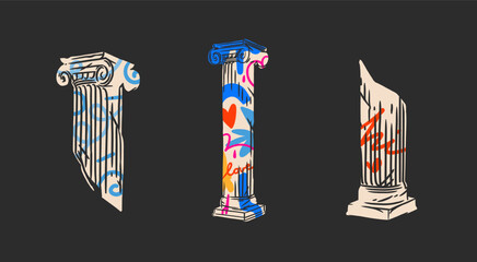 Hand drawn vector abstract outline,graphic,contemporary greek ancient sculpture statue column line modern drawing.Antique classic architecture statue in trendy graffity style,outline design concept,