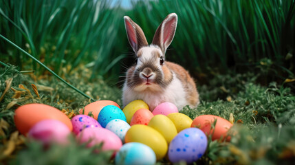 A realistic photograph of a Happy Easter Bunny sitting in a field of green grass, surrounded by colorful Easter eggs. Generative AI