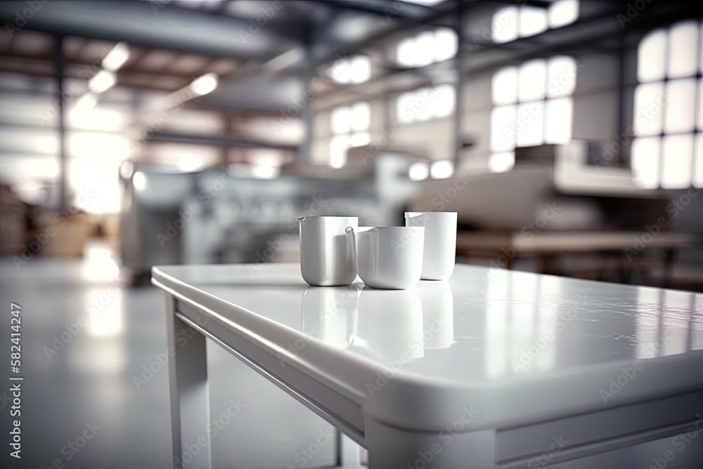Poster blurred white tabletop in factory setting. generative ai