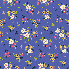Fototapeta na wymiar Seamless floral pattern, liberty ditsy print with small cute botany. Pretty botanical design with hand drawn meadow: tiny flowers, lots of leaves in bouquets on a blue background. Vector illustration