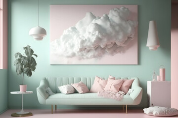 Stylish living pink and mint tone room interior of the modern apartment and trendy furniture. Sofa and elegant accessories. Home decor.