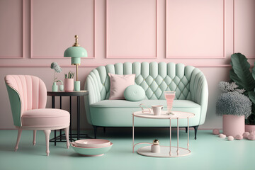 Stylish living pink and mint tone room interior of the modern apartment and trendy furniture. Sofa and elegant accessories. Home decor.