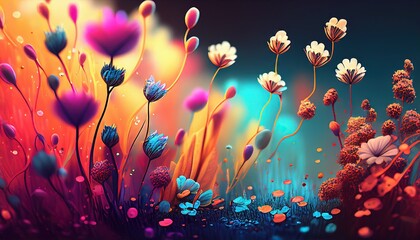 Obraz na płótnie Canvas Vibrant Flower Meadow Illustration with Abstract Design Elements. Generative AI.