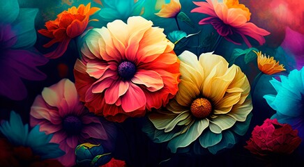 Vibrant Floral Panorama: Colorful Blooms in Full Bloom. Generative AI.