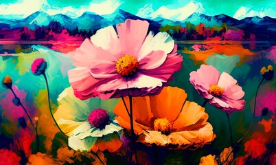 Fototapeta na wymiar Vibrant Floral Panorama: Colorful Blooms in Full Bloom. Generative AI.