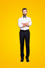 Full size body portrait of stylish modern croupier in white shirt, bowtie, black pants, having his arms crossed, looking at camera, isolated on grey background