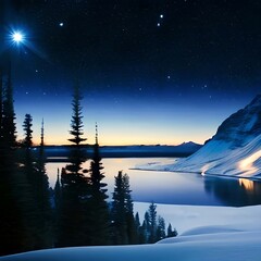winter landscape, night sky over a lake