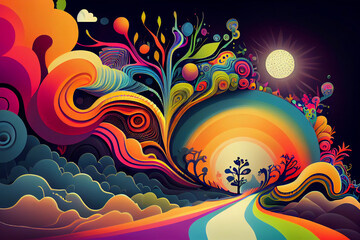 Trippy and psychedelic artwork. Surreal illustration in vivid multicolors. Road theme - obrazy, fototapety, plakaty
