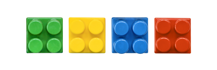 Red blue green yellow plastic building brick block. Colorful plastic constructor isolated on white background. Flat logo, icon for toy apps and websites