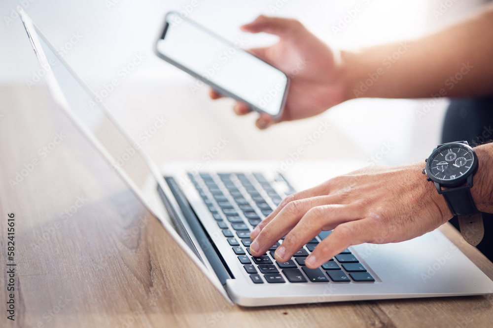 Aufkleber man, hands and laptop with phone mockup for digital marketing, advertising or social media on wooden