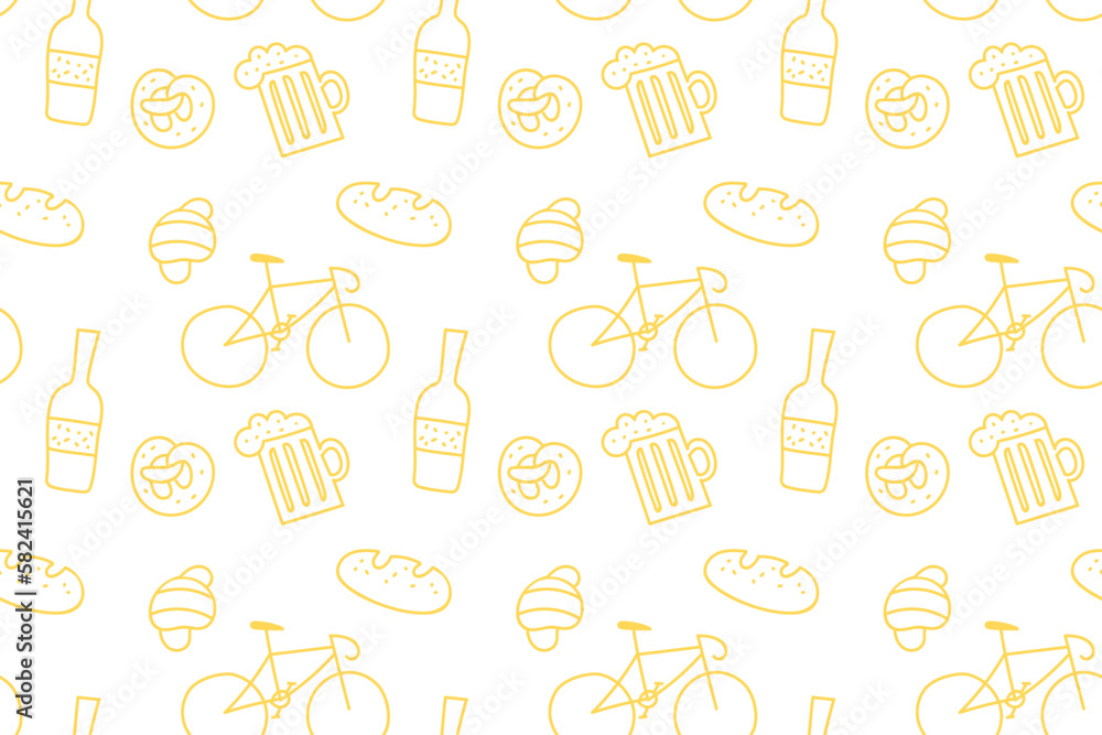 Poster vector seamless pattern with bakery goods, bicycle and beer illustrations in doodle style. abstract 