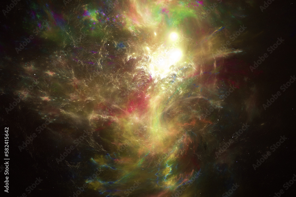 Poster multicolored stardust cloud in black space. abstract fractal 3d rendering
